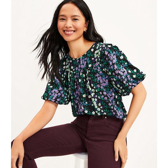 Loft Ann Taylor Floral Shirred Yoke Top Black Green size Small office work - Picture 1 of 16